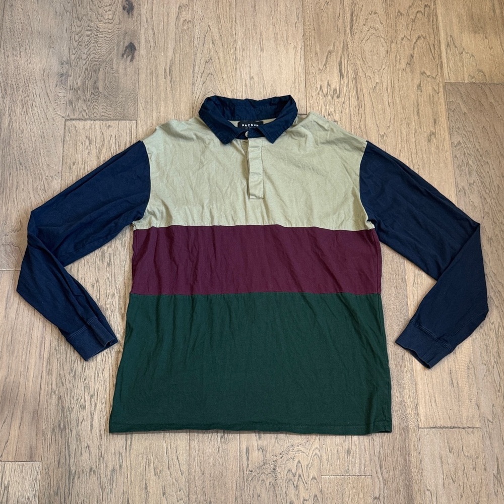 PacSun Long Sleeve Polo Rugby Shirt Color Block Stripe Size Large